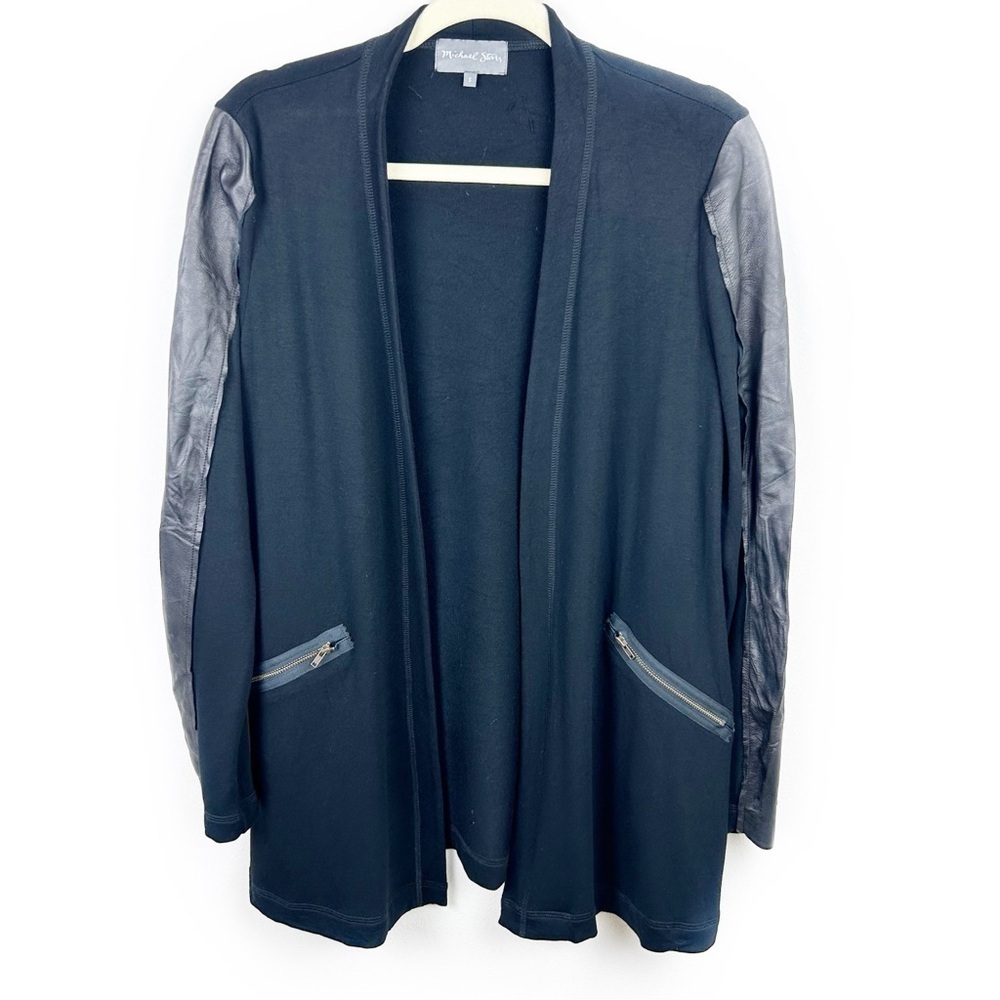 Michael Stars Rayon/Spandex open front cardigan leather contrast size: S